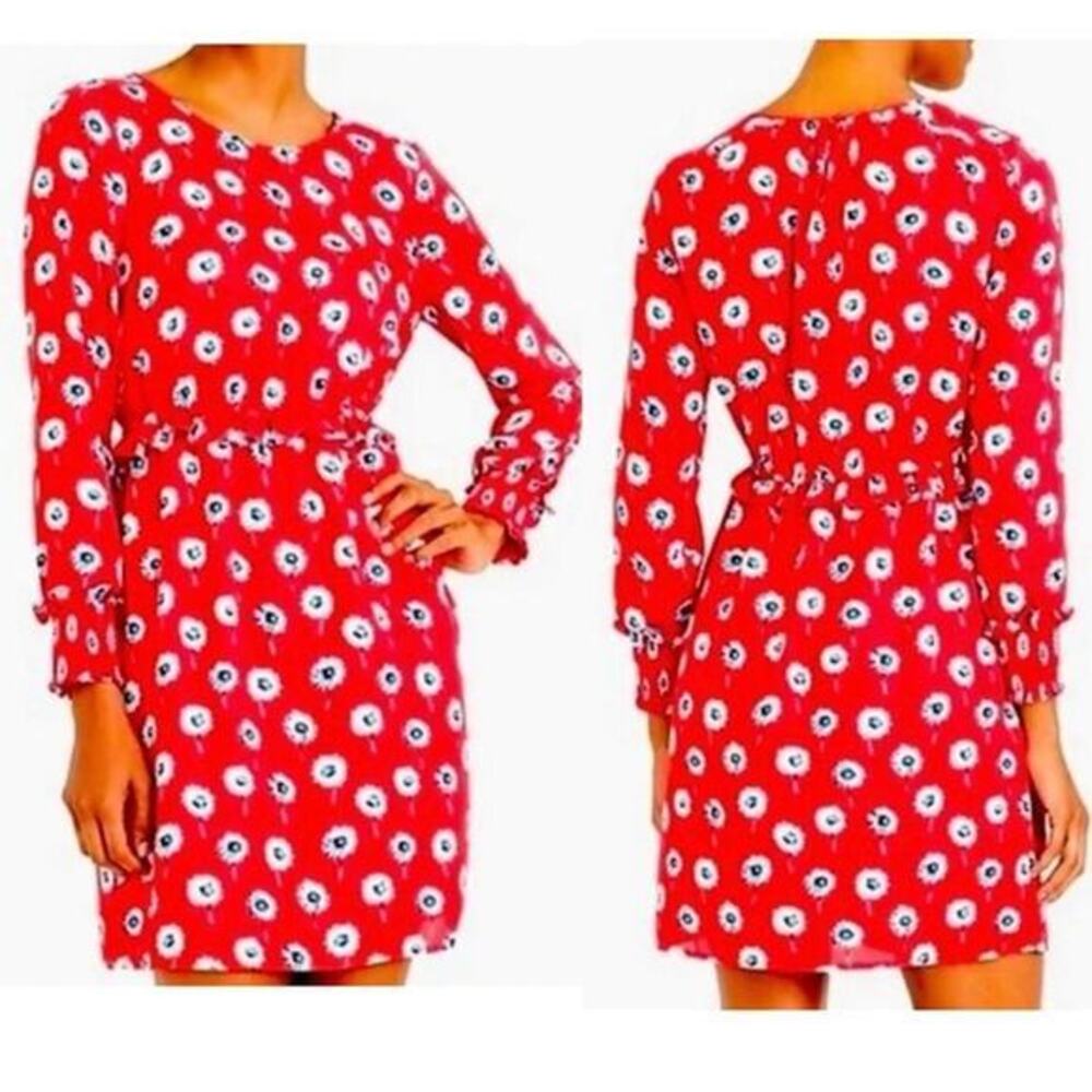 J. Crew Factory Long Sleeve Dress Red Floral Elastic Waist Ruffles Lined size 4